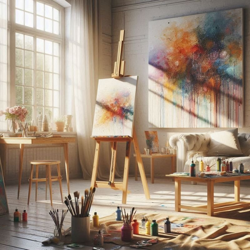 A bright, sunlit artist's studio with large windows, colorful abstract paintings on the walls - Art Studio - Abstract Art Caffeine